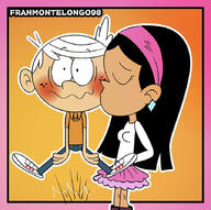 2021 artist:franmontelongo98 blushing character:jackie character:lincoln_loud eyes_closed freckles hands_behind_back interracial jackiecoln jumping kissing size_difference // 897x891 // 109KB