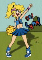 2017 alternate_hairstyle alternate_outfit artist:caencer character:lincoln_loud cheerleader coloring colorist:sleepylars crossdressing earrings hair_bow midriff pom_poms ponytail pose smiling solo text // 1392x1960 // 1.5MB