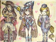 2017 abs alternate_outfit artist:pikapika212 background_character big_breasts character:brown_qt character:cookie_qt character:girl_jordan cleavage cosplay costume eyepatch food heart hearts lineup looking_at_viewer muscular muscular_female skull smiling wand yugioh // 3891x2945 // 4.0MB