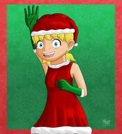 2021 alternate_outfit artist:julex93 character:lana_loud christmas christmas_dress christmas_outfit fist hand_gesture looking_at_viewer open_mouth santa_hat smiling solo waving // 2000x2200 // 2.7MB
