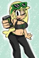 2021 alternate_outfit artist:puppyface beverage blushing character:leni_loud cleavage holding_beverage looking_at_viewer midriff monster_energy smiling solo wide_hips winking // 465x692 // 267.0KB