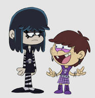 2017 age_swap artist:itoruna_the_platypus character:lucy_loud character:luna_loud frowning hair_apart hand_gesture looking_at_another skull smiling // 1024x1054 // 86.8KB
