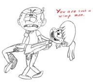 2016 artist:duskull bridal_carry bullying carrying character:lincoln_loud character:lynn_loud dialogue looking_at_another text // 540x476 // 84.3KB
