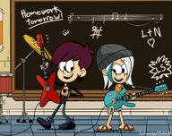 2018 artist:javisuzumiya chalkboard character:lina_loud character:nathan guitar holding_object instrument looking_at_another love_child open_mouth original_character smiling // 1600x1270 // 314KB