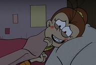 2020 alternate_outfit artist:stikyfinkaz bed blanket blushing character:lincoln_loud character:luan_loud fanfiction:platz_eins hand_holding looking_at_viewer luancoln lying on_back open_mouth pajamas pillow pov sleepwear smiling // 1920x1302 // 2.2MB