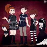 2020 alternate_outfit artist:flor boots character:lisa_loud character:luan_loud character:lucy_loud character:luna_loud character:lynn_loud fishnets goth gothic_lolita halloween hand_on_hip holiday looking_at_viewer looking_to_the_side smiling text_on_clothing tongue_out // 1000x1000 // 908.0KB