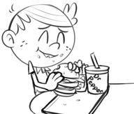2016 artist:dipper beverage burger character:lincoln_loud cheek_bulge eating eyes_closed food holding_food smiling solo text // 365x310 // 58KB