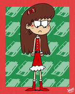 2017 alternate_hairstyle alternate_outfit angry artist:julex93 blushing character:lynn_loud christmas christmas_dress christmas_outfit embarrassed fist frowning hair_down looking_down simple_background solo // 2000x2500 // 3.0MB