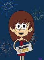 2019 alternate_hairstyle alternate_outfit artist:hanna_peran character:lynn_loud cleavage dress fireworks hair_down looking_at_viewer new_year open_mouth sign smiling solo text // 747x1024 // 111.2KB