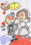 2016 alternate_outfit artist:jumpjump blushing character:lincoln_loud character:luan_loud comic comic:the_loud_comic dress eyes_closed hand_holding heart_eyes luancoln smiling text wedding_dress // 1300x1900 // 3.8MB