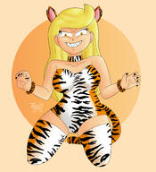 2022 aged_up alternate_outfit animal_costume animal_ears animal_tail artist:julex93 character:lola_loud claws cleavage costume frowning grin looking_at_viewer on_knees sharp_teeth smiling solo tiger_ears tiger_tail // 2000x2200 // 1.8MB