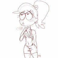 2017 alternate_hairstyle alternate_outfit artist:pyg blushing character:leni_loud gym_clothes hand_behind_back hand_under_clothes looking_up midriff ponytail shirt_lift sketch solo underwear // 1000x1000 // 78KB