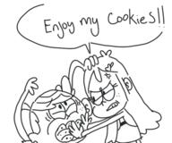 2016 angry artist:fullhero18 background_character character:cookie_qt character:lincoln_loud cookie cookiecoln dialogue eating food text // 600x500 // 176KB