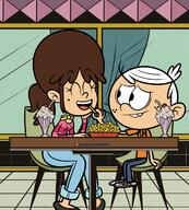 artist:underratedhero character:fiona character:lincoln_loud eyes_closed fionacoln food holding_food ice_cream looking_at_another mouth_open sitting smiling tagme // 1121x1242 // 1.1MB