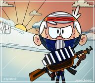 2019 alternate_outfit artist:mister-chocoroll1986 character:lincoln_loud cloud frowning gun headband holding_weapon looking_at_viewer snow solo sun // 1200x1044 // 443.1KB