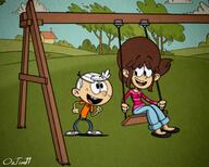 artist:ozjim11 character:fiona character:lincoln_loud cloud fionacoln grass looking_at_another open_mouth sitting smiling swing_set // 2000x1600 // 418KB