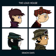 2017 album_cover artist:sgd character:bobby_santiago character:lincoln_loud character:lucy_loud character:luna_loud coloring colorist:emeritus cosplay frowning gorillaz group hat looking_back looking_to_the_side parody text // 1468x1468 // 472KB