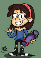 artist:jake-zubrod character:sid_chang holding_object looking_at_viewer skateboard smiling solo // 1280x1777 // 210.5KB