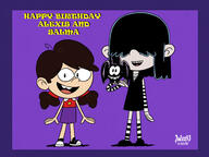 2020 animal artist:julex93 bat birthday carying character:adelaide_chang character:fangs character:lucy_loud fangs looking_at_viewer open_mouth shadow smiling text // 2000x1500 // 1.7MB