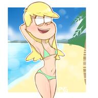 2017 armpit arms_behind_head artist:pyg beach bikini character:leni_loud hands_behind_head looking_up mouth_open palm_tree smiling solo swimsuit // 1000x1000 // 379.6KB