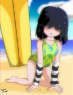2020 artist:jumpjump barefoot beach blushing character:lucy_loud looking_at_viewer on_knees one_piece_swimsuit solo swimsuit // 1000x1300 // 1.7MB
