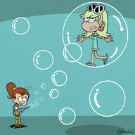 artist:hannaperan098 bubble character:leni_loud character:luan_loud looking_at_another // 1280x1280 // 144.1KB