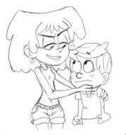 2016 arm_around_shoulder artist:drawfriend character:lincoln_loud character:lori_loud freckles half-closed_eyes hand_on_chin looking_at_viewer looking_down loricoln shorts sketch smiling // 354x379 // 49KB