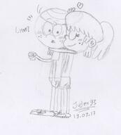 2017 artist:julex93 blushing character:lincoln_loud character:lynn_loud dialogue eyes_closed heart hugging lynncoln sketch smiling // 429x477 // 47KB