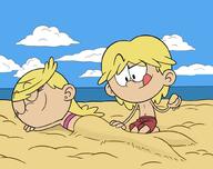 2023 arms_support artist:pineconemonkey beach bikini character:leif_loud character:lola_loud cloud eyes_closed genderswap looking_down lying midriff nipples on_front on_knees raised_eyebrow smiling summer swimsuit tongue_out topless water // 1005x795 // 145KB