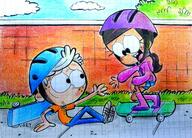 2021 artist:valentinaart character:lincoln_loud character:ronnie_anne_santiago helmet hurt looking_at_another ronniecoln skateboard smiling // 1280x919 // 378.3KB