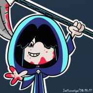 2017 alternate_outfit artist:javisuzumiya blood character:lucy_loud cloak costume grin hair_apart halloween holding_object holiday looking_at_viewer looking_down scythe smiling solo unusual_pupils // 2000x2000 // 2.9MB