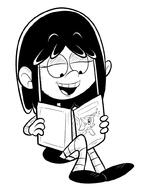 2016 artist:scobionicle99 book character:lucy_loud hair_apart half-closed_eyes reading sitting smiling solo // 748x1000 // 159.2KB