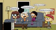2022 artist:alejindio character:lana_loud character:lincoln_loud character:lisa_loud character:ronnie_anne_santiago commission commissioner:theamazingpeanuts couch dialogue group lamp text tv // 4267x2329 // 3.8MB