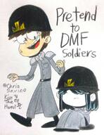 2016 alternate_outfit arms_crossed artist:komi114 character:lucy_loud character:luna_loud helmet looking_down looking_to_the_side military military_uniform open_mouth sitting smiling text uniform // 844x1093 // 210KB