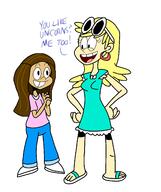 2015 artist:scobionicle99 catscratch character:kimberly character:leni_loud coloring crossover dialogue feet hands_on_hips hans_together looking_at_another open_mouth smiling text voice_actor_connection // 1933x2305 // 259.0KB