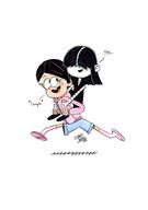 2021 artist:realgilbertgan carrying character:lucy_loud character:ronnie_anne_santiago dialogue laughing piggyback running // 1742x2472 // 206KB