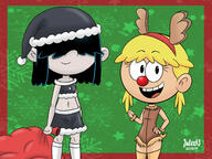 2019 alternate_outfit animal_costume animal_ears artist:julex93 character:lana_loud character:lucy_loud christmas christmas_dress christmas_outfit cleavage costume hand_on_hip holding_object looking_at_viewer midriff open_mouth reindeer_ears reindeer_nose santa_bag santa_dress santa_hat smiling stars // 2000x1500 // 2.1MB