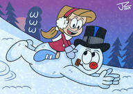 2019 artist:jake-zubrod character:girl_jordan crossover frosty_the_snowman looking_at_another riding smiling snow winter_clothes // 1280x906 // 174.0KB
