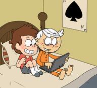 2016 artist:dipper bed blanket character:dipper_pines character:lincoln_loud crossover feet gravity_falls laptop pillow room socks // 710x641 // 292.6KB
