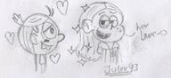 2016 alternate_hairstyle artist:julex93 blushing character:lincoln_loud character:ronnie_anne_santiago dialogue hair_down half-closed_eyes hearts looking_at_another open_mouth raised_eyebrow ronniecoln sketch smiling text // 462x211 // 40KB