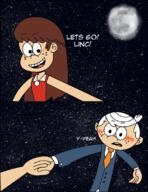 2017 alternate_hairstyle alternate_outfit artist:julex93 blushing character:lincoln_loud character:lynn_loud dialogue dress hair_down hand_holding looking_at_another lynncoln moon night open_mouth smiling stars suit text // 614x794 // 543.4KB