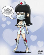 2019 alternate_outfit artist:julex93 big_breasts character:maggie cleavage cross dialogue frowning gloves half-closed_eyes hearts looking_at_viewer maggiecoln mask nurse parody shadow skullgirls solo spanish text // 2000x2500 // 2.8MB