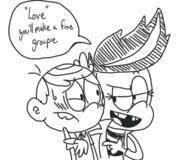 2016 arm_around_shoulder artist:fullhero18 blushing character:lincoln_loud character:tabby dialogue pointing raised_eyebrow tabbycoln text // 600x500 // 212KB