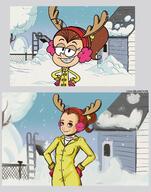 2016 alternate_outfit animal_ears artist:donchibi character:luan_loud christmas earmuffs half-closed_eyes hands_on_hips looking_at_viewer redraw reindeer_ears screenshot:11_louds_a_leapin' smiling snow solo tree winter_clothes // 1160x1474 // 1.2MB