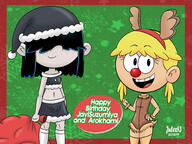 2019 alternate_outfit animal_costume animal_ears artist:julex93 character:lana_loud character:lucy_loud christmas christmas_dress christmas_outfit cleavage costume hand_on_hip holding_object looking_at_viewer midriff open_mouth reindeer_ears reindeer_nose santa_bag santa_dress santa_hat smiling stars text // 2000x1500 // 1.9MB