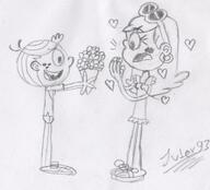 2017 artist:julex93 blushing character:leni_loud character:lincoln_loud flowers hearts holding_object lenicoln open_mouth sketch smiling // 432x391 // 62.8KB