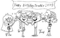 artist:j-room background_character cake character:cookie_qt character:cristina character:girl_jordan character:lincoln_loud confetti sign // 1024x651 // 94KB