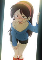 artist:jcm2 ass_visible_through_thighs bike_shorts blushing breasts brown_eyes character:sid_chang earrings freckles hairband hand_on_thigh hand_on_wall jewelry looking_at_viewer looking_up shirt_lowered small_breasts socks solo stud_earrings tagme thigh_gap tongue_out // 2480x3508 // 1.8MB