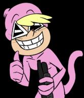 2017 animal_costume animal_tail artist:clydesbbc cat_tail character:leni_loud cosplay costume grin gun hand_gesture holding_gun parody pink_guy smiling solo sunglasses thumbs_up transparent_background // 1006x1168 // 235KB