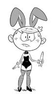 2017 animal_ears artist:scobionicle99 blushing bow bulge bunny_outfit bunny_suit bunnysuit carriot character:lincoln_loud collar corset crossdressing fishnets food heels solo stocking // 450x800 // 112.5KB